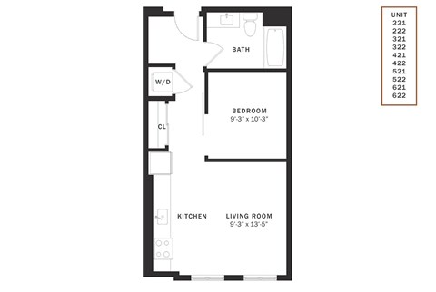Floor plan for 1 bed, 1 bath, 549 sqft